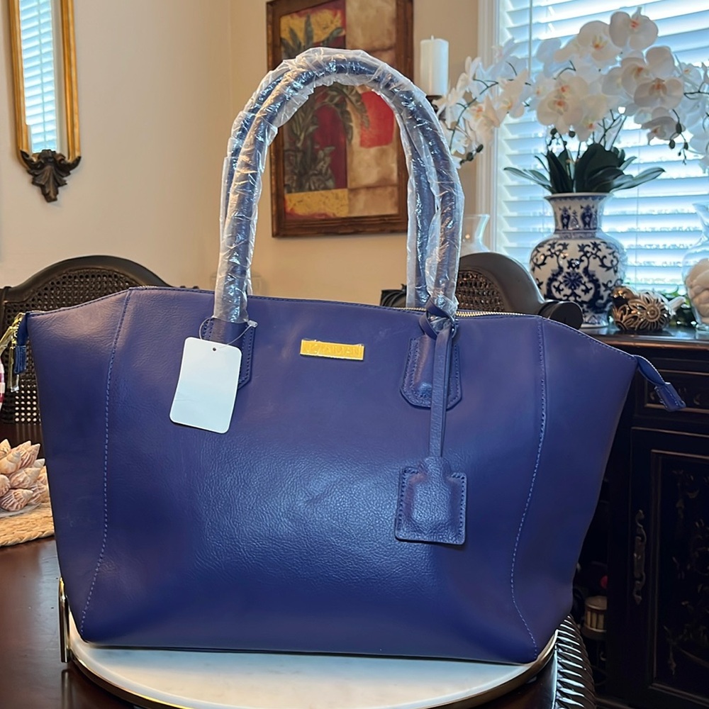 Navy Structured Leather Satchel with Navy Satin Interior